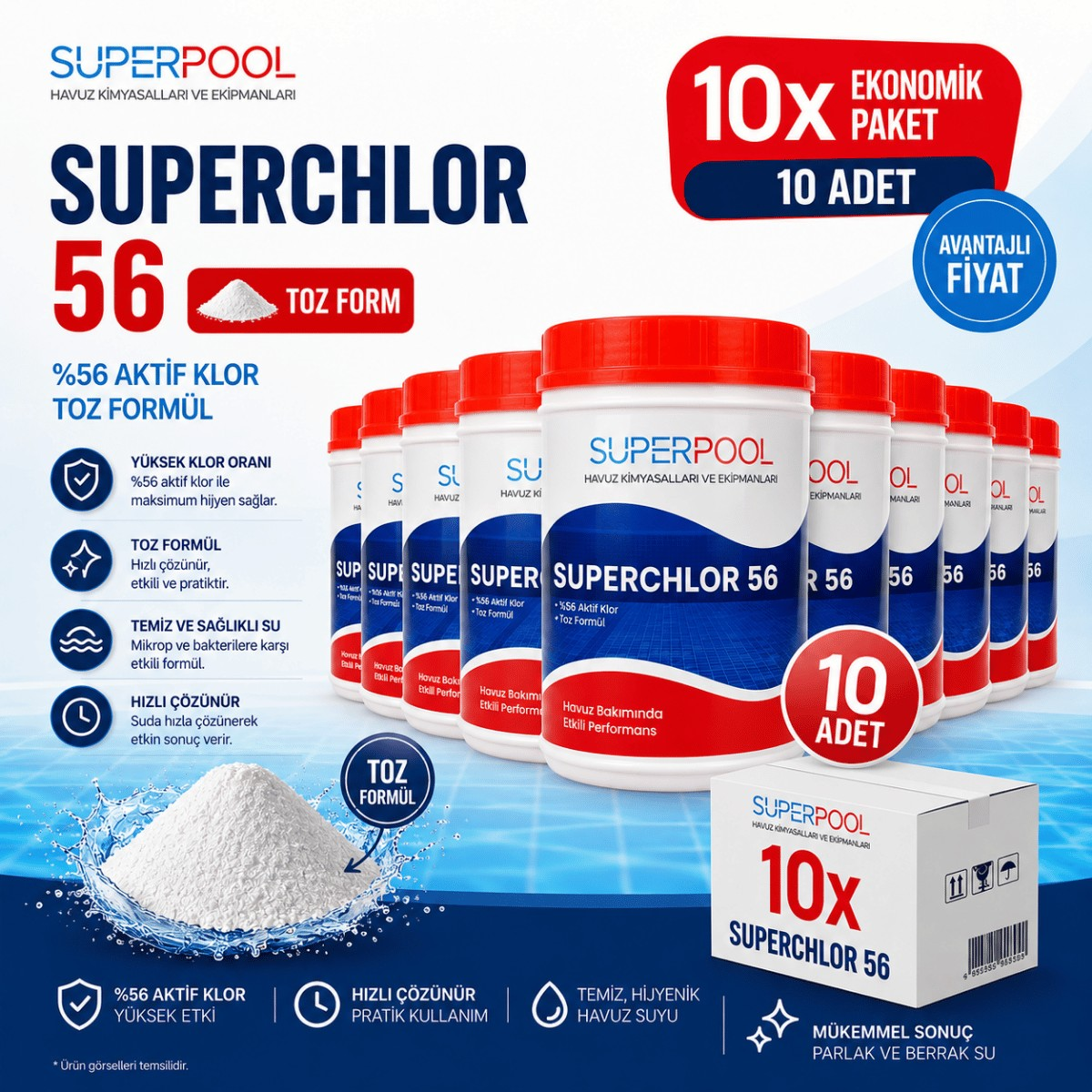 SPP Superpool Superchlor 56 Toz Klor 56 GR 1 KG 10'lu Paket Havuz Kimyasalı