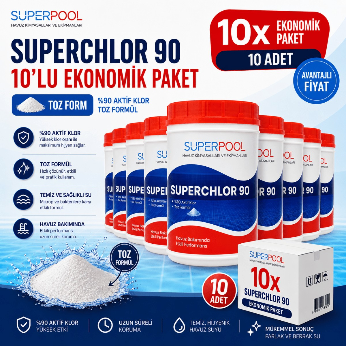 SPP Superpool Superchlor 90 Toz Klor 90 GR 1 KG Havuz Kimyasalı 10'lu Paket