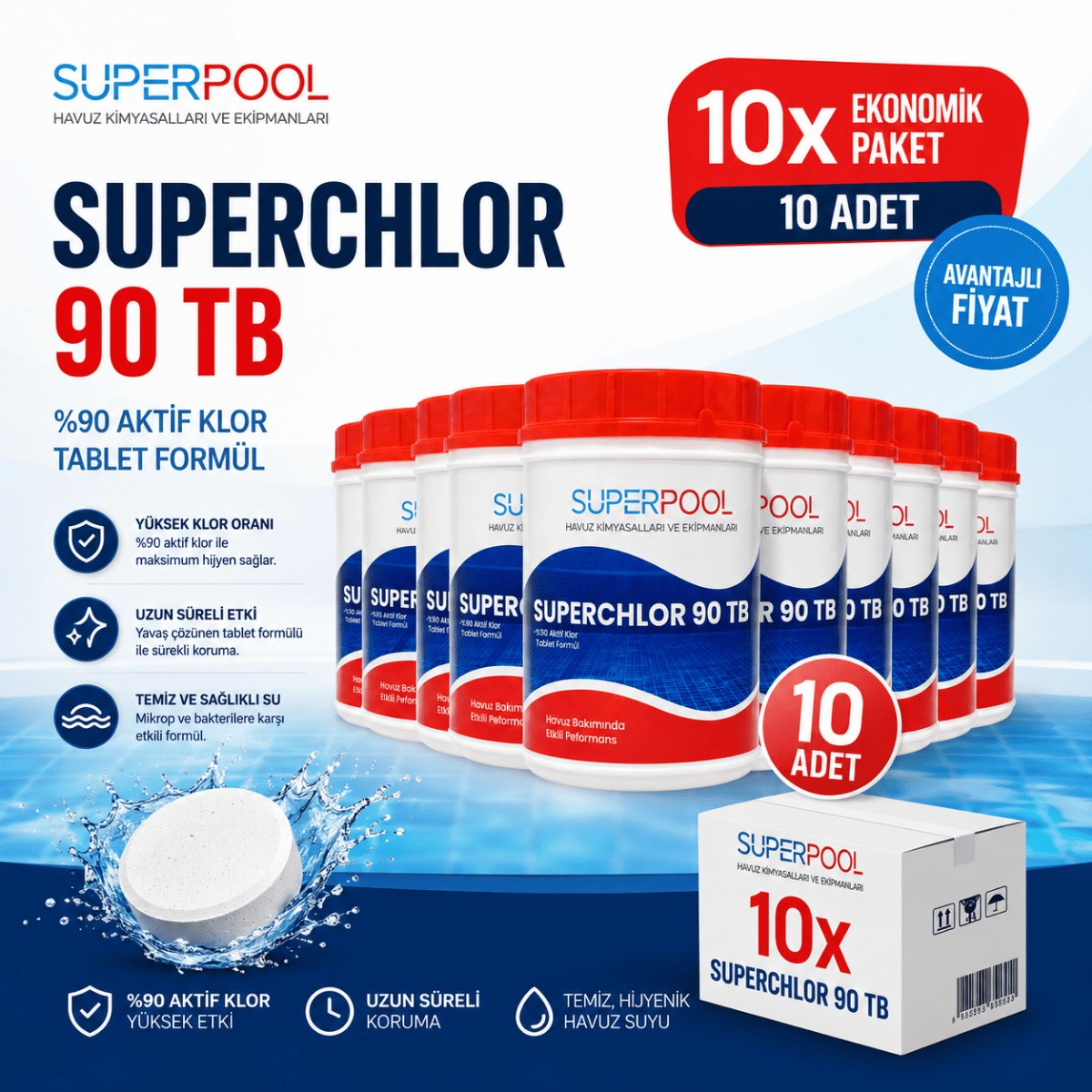 SPP Superpool Superchlor 90 TB %90 Tablet Klor 1 KG Havuz Kimyasalı 10'lu Paket