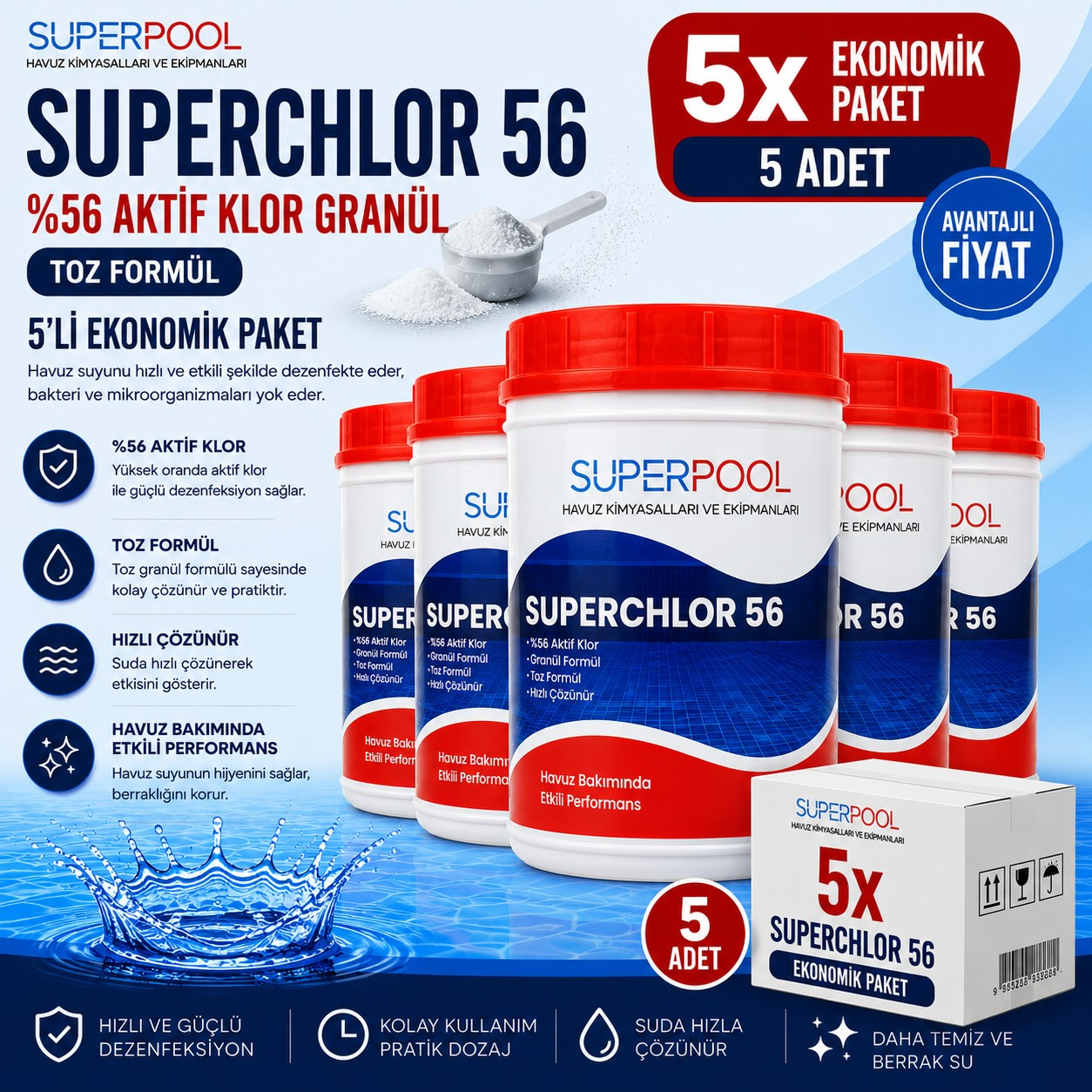 SPP Superpool Superchlor 56 Toz Klor 56 GR 1 KG Havuz Kimyasalı 5'li Paket