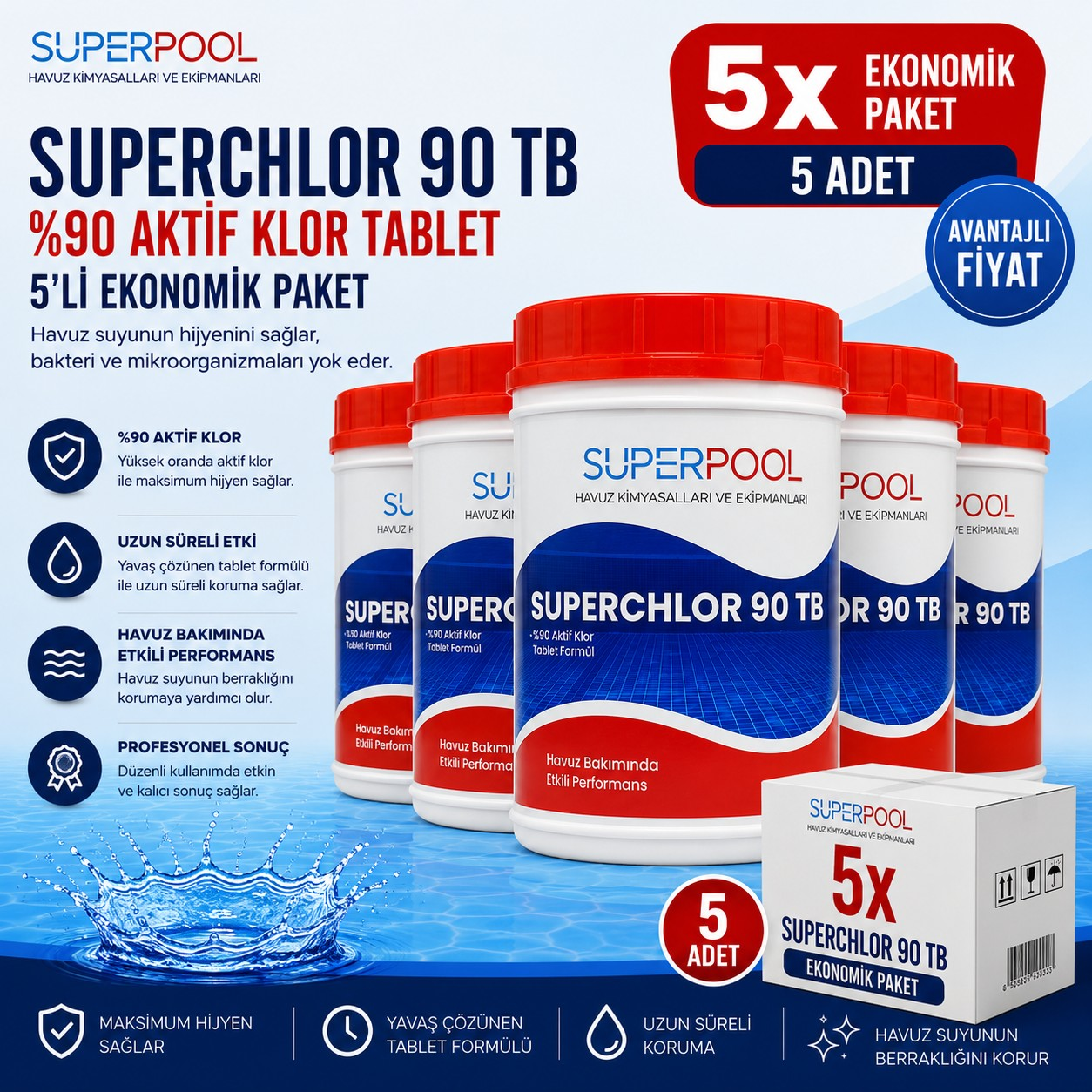 SPP Superpool Superchlor 90 TB %90 Tablet Klor 1 KG Havuz Kimyasalı 5'li Paket