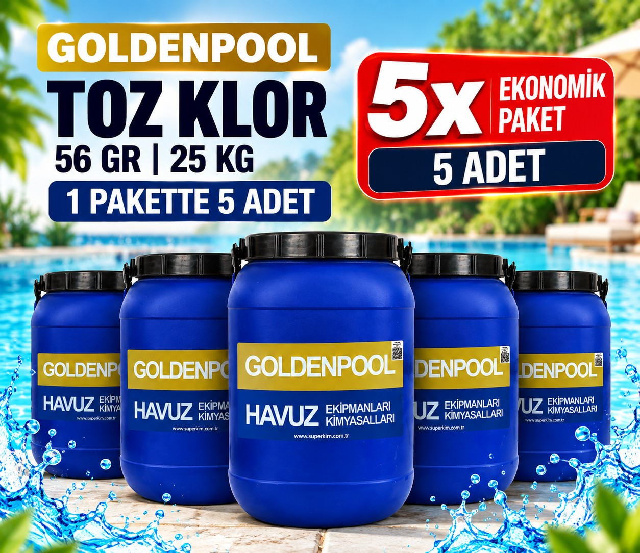 GTX Goldenpool Chlor 56 Toz Klor 56 GR 25 KG Havuz Kimyasalı 5 Adet