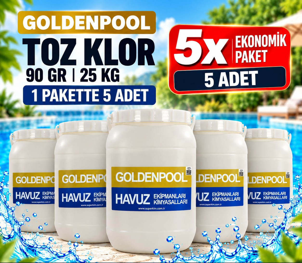 GTX Goldenpool Chlor 90 Toz Klor 90 GR 25 KG Havuz Kimyasalı 5 Adet
